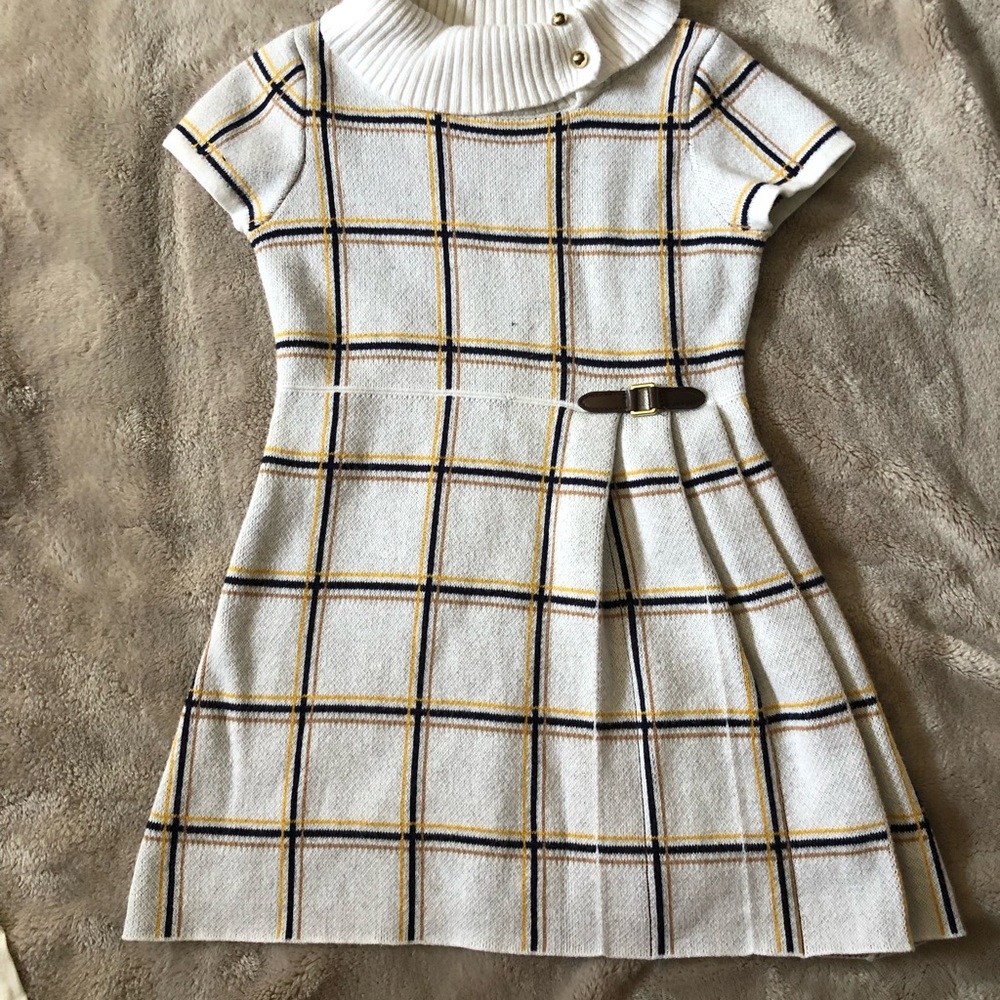 Janie and Jack White Plaid Short Sleeve Sweater Dress Cowl Neck Classy Buttons